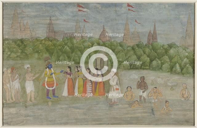 On the banks of the Yamuna in Brindaban, Krishna dances with the Gopis, 1800-1825. Creator: Anon.