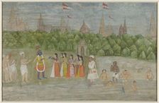 On the banks of the Yamuna in Brindaban, Krishna dances with the Gopis, 1800-1825. Creator: Anon