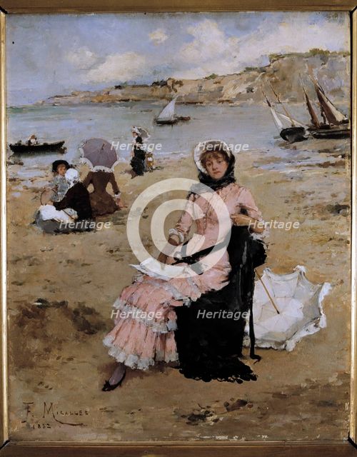 On the Beach' by Francisco Miralles, oil, 1882.
