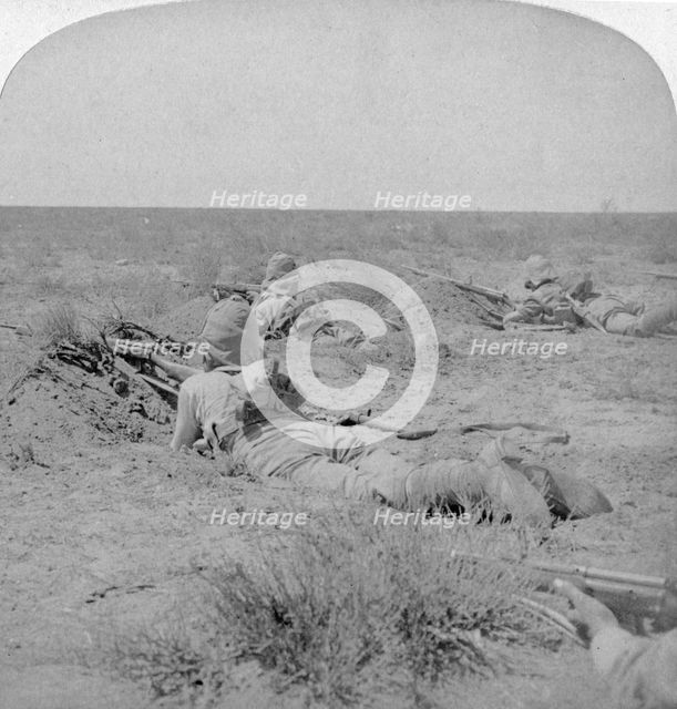 On the fighting line with the Queen's bravest, Modder River, South Africa, 1900. Artist: Underwood & Underwood