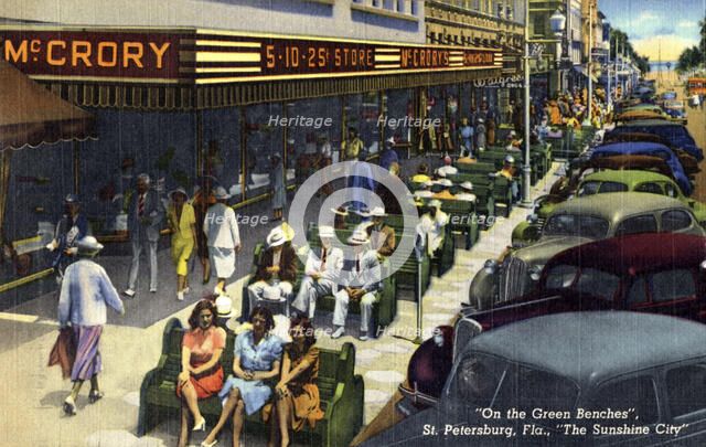 'On the Green Benches, St Petersburg, Florida, The Sunshine City', USA, 1940. Artist: Unknown