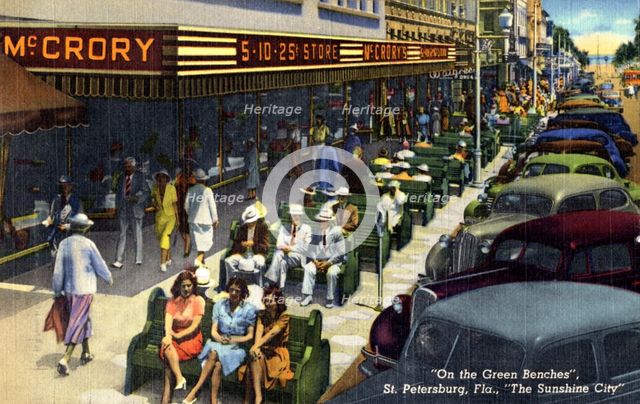 'On the Green Benches, St Petersburg, Florida, The Sunshine City', USA, 1940. Artist: Unknown