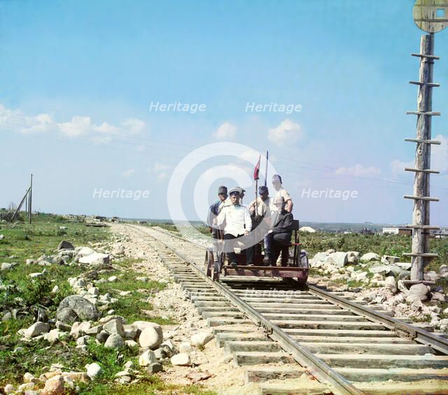 On the handcar outside Petrozavodsk on the Murmansk railway, 1915. Creator: Sergey Mikhaylovich Prokudin-Gorsky.