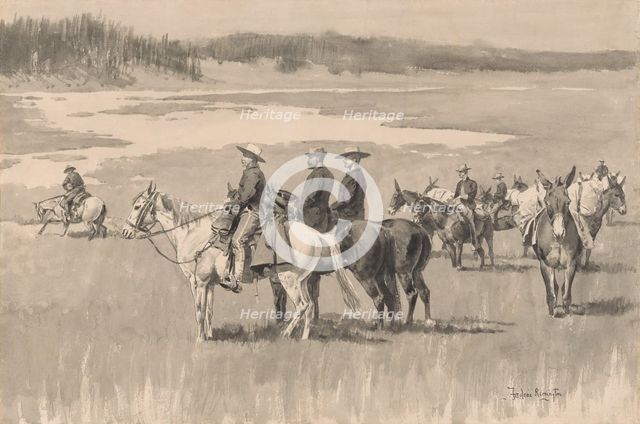 On the Head-Waters--Burgess Finding a Ford, ca. 1893. Creator: Frederic Remington.