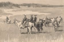 On the Head-Waters--Burgess Finding a Ford, ca. 1893. Creator: Frederic Remington