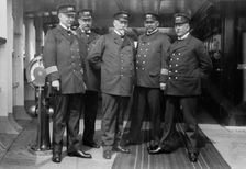 On the Imperator, Capt. H. von Meibom, Com. Ruser, Capt. A. Hoefer, Capt. H. Schetelig..., 1913. Creator: Bain News Service