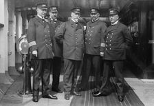 On the Imperator, Capt. H. von Meibom, Com. Ruser, Capt. A. Hoefer, Capt. H. Schetelig..., 1913. Creator: Bain News Service