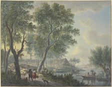 On the left, a shepherd meets a milkmaid; on the right, three fishermen in a boat.., 19th century. Creator: Abraham Teerlink