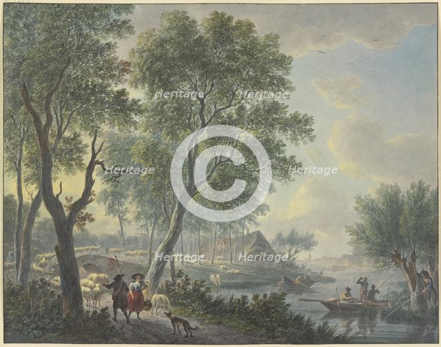 On the left, a shepherd meets a milkmaid; on the right, three fishermen in a boat.., 19th century. Creator: Abraham Teerlink.