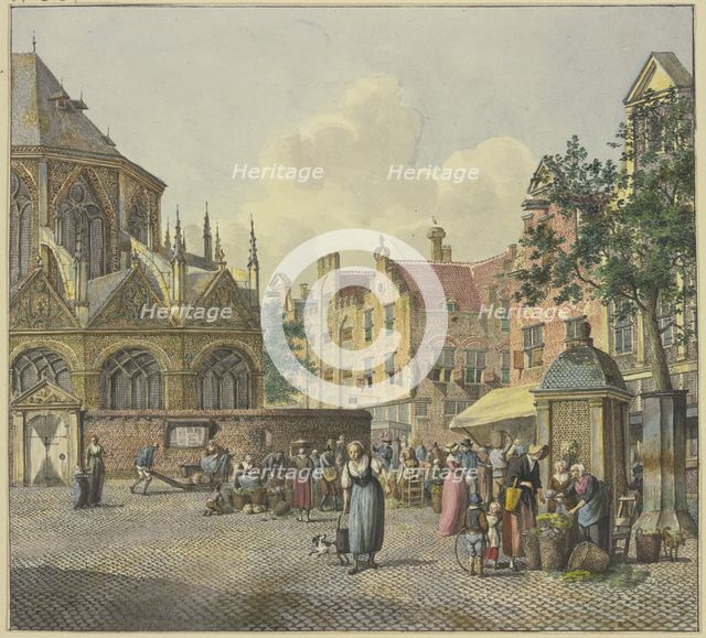 On the left, the chancel of a church; on the right, a well house with vegetable vendors, 18th cent. Creator: Johannes Huibert Prins.