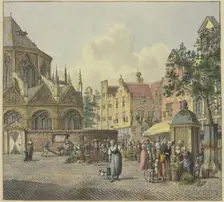 On the left, the chancel of a church; on the right, a well house with vegetable vendors, 18th cent. Creator: Johannes Huibert Prins