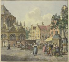 On the left, the chancel of a church; on the right, a well house with vegetable vendors, 18th cent. Creator: Johannes Huibert Prins