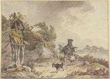 On the path next to a dilapidated thatched hut, a mounted shepherd and a peasant woman..., 1773. Creator: John Webber
