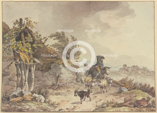 On the path next to a dilapidated thatched hut, a mounted shepherd and a peasant woman..., 1773. Creator: John Webber.
