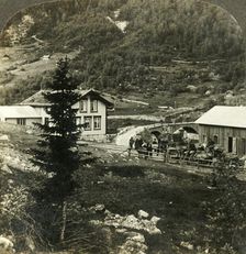 On the picturesque Telemarken road - changing horses at Grundesbro skyds station, Norway c1905. Creator: Unknown