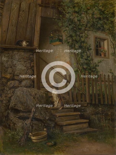 On the Porch (Dog and Cat), 1882. Creator: Eduard Majsch.