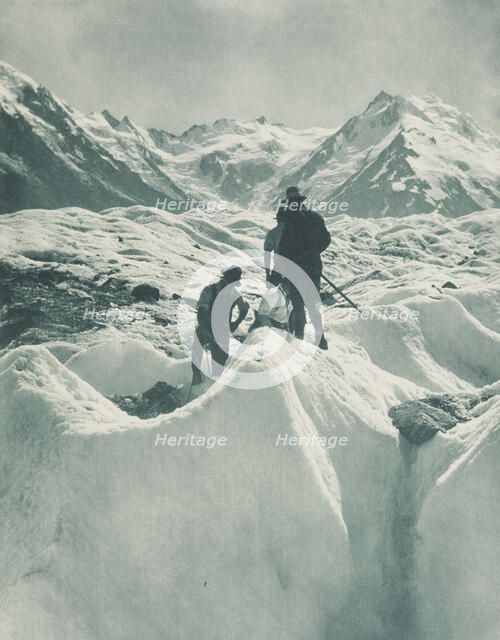 On the Tasman Glacier, Mt Cook district. From the album: Record Pictures of New Zealand, 1920s. Creator: Harry Moult.