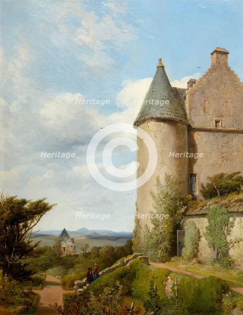 On the Terrace, Barra Castle, Aberdeenshire, 1854. Creator: James Cassie.