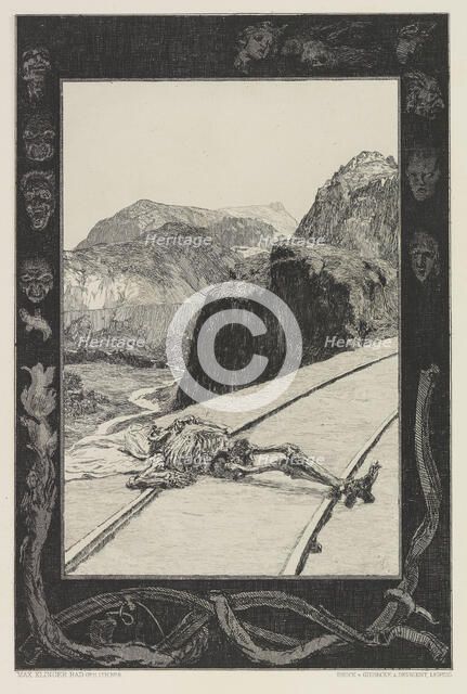 On the Tracks (Auf den Schienen), plate 8 from the portfolio On Death, Part I, Opus XI, 1897. Creator: Klinger, Max (1857-1920).