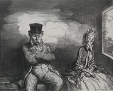 On the Train: A Pleasant Companion, 1862. Creator: Honoré Daumier (French, 1808-1879); Bertauts