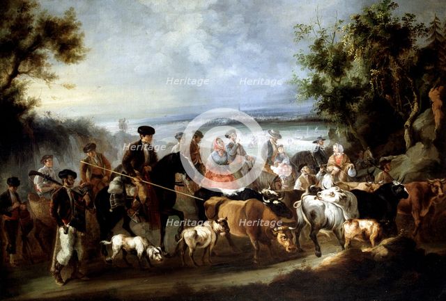 On the way to the fair', oil by Andres Cortes and Aguilar.