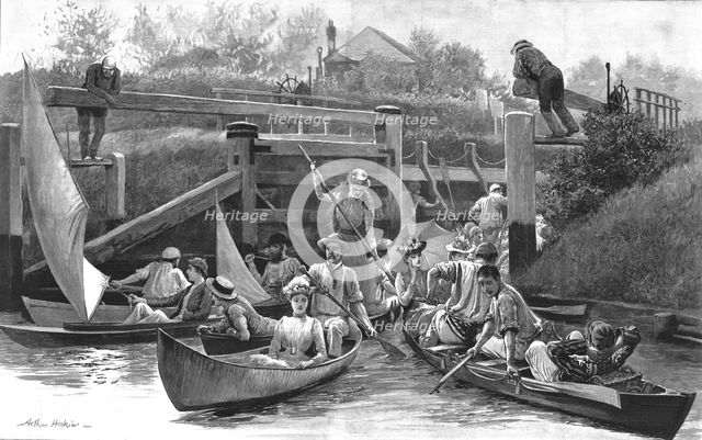 ''On the way to Henley - A scene at Cookham Lock', 1890. Creators: Unknown, Arthur Hopkins.