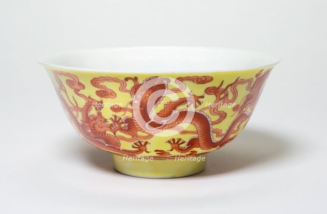 One of a Pair of Yellow and Iron-Red 'Dragon' Bowls, Qing dynasty, Qianlong period (1736-1795). Creator: Unknown.