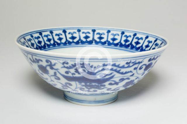 One of a Pair of Blue and White 'Phoenix' Bowls, Ming dynasty, Wanli reign (1572-1620). Creator: Unknown.