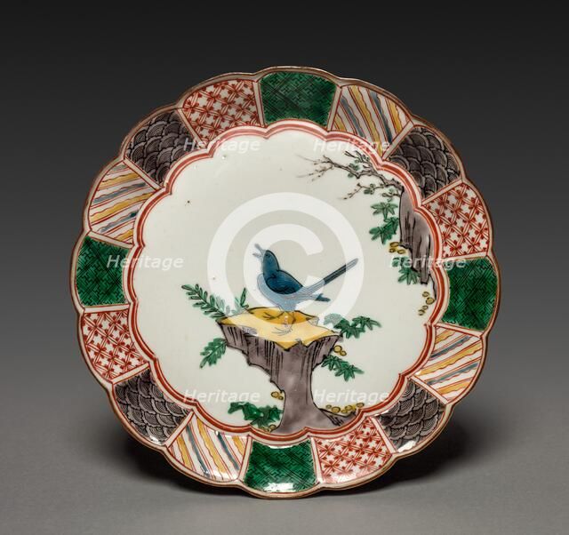 One of a Pair of Dishes with Singing Bird on a Rock: In Ko Kutani Style, 18th century. Creator: Unknown.