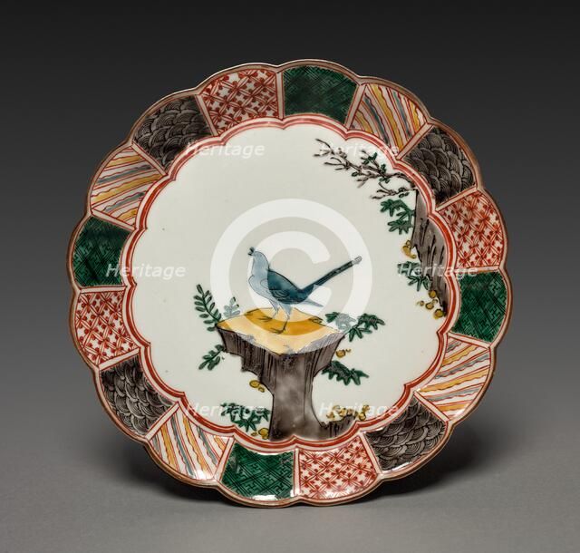 One of a Pair of Dishes with Singing Bird on a Rock: In Ko Kutani Style, 18th century. Creator: Unknown.