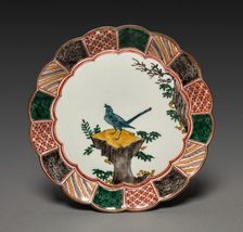 One of a Pair of Dishes with Singing Bird on a Rock: In Ko Kutani Style, 18th century. Creator: Unknown