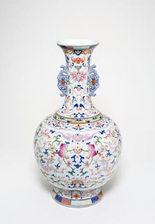 One of a pair of famille-rose lotus bottle vases, Qing dynasty, Qianlong reign(1736-1795). Creator: Unknown