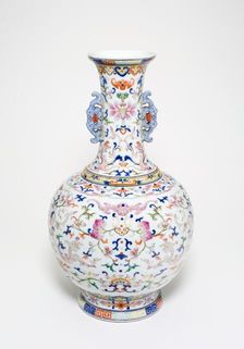 One of a pair of famille-rose lotus bottle vases, Qing dynasty, Qianlong reign(1736-1795). Creator: Unknown
