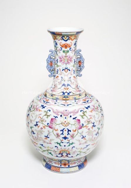 One of a pair of famille-rose 'lotus' bottle vases, Qing dynasty, Qianlong reign(1736-1795). Creator: Unknown.