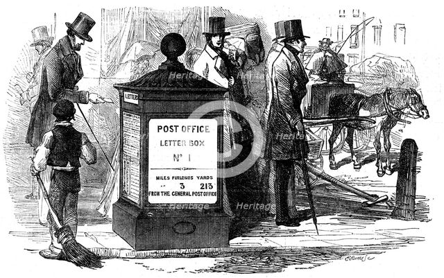 One of London's first pillar (letter) boxes, 1855.  Artist: Anon