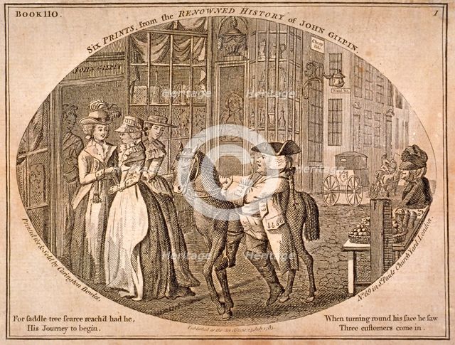 One of six prints from the renowned history of John Gilpin, 1785.  Artist: Anon