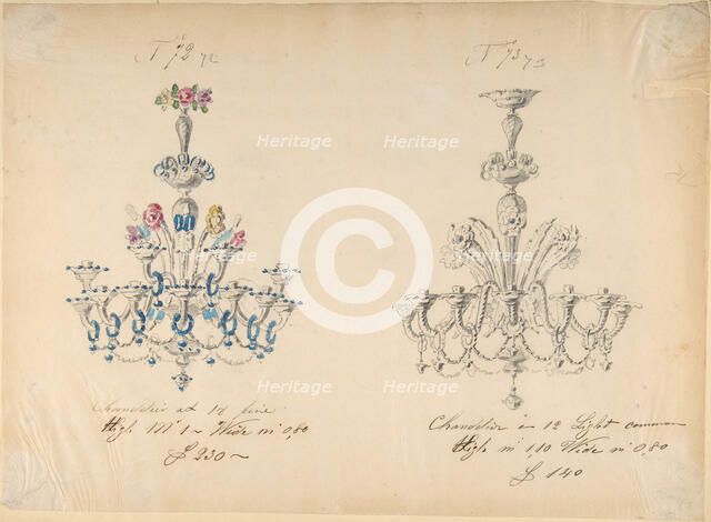 One of Twenty-Three Sheets of Drawings of Glassware (Mirrors, Chandeliers, Goblets, etc.), 1850-80. Creator: Compagnia di Venezia & Murano.