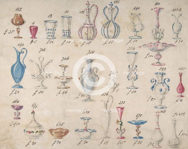 One of Twenty-Three Sheets of Drawings of Glassware (Mirrors, Chandeliers, Goblets, etc.), 1850-80. Creator: Compagnia di Venezia & Murano.