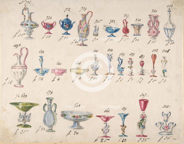 One of Twenty-Three Sheets of Drawings of Glassware (Mirrors, Chandeliers, Goblets, etc.), 1850-80. Creator: Compagnia di Venezia & Murano.