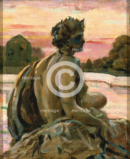 One of the Figures at the Parterre d'Eau, ca. 1911 or 1913. Creator: Carroll Beckwith.
