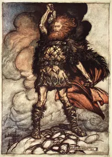 One of the Gods, Donner, summons the mist away 1910. Creator: Arthur Rackham