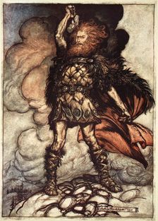 One of the Gods, Donner, summons the mist away 1910. Creator: Arthur Rackham
