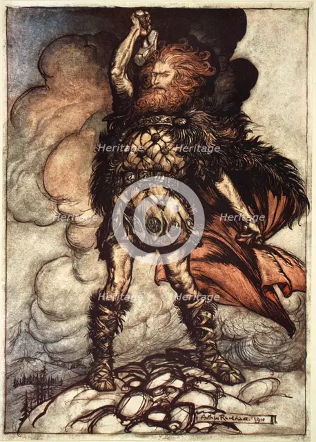 'One of the Gods, Donner, summons the mist away', 1910.  Creator: Arthur Rackham.