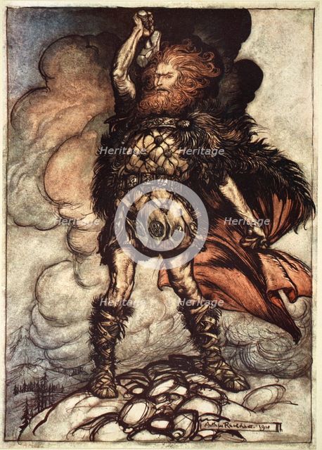 'One of the Gods, Donner, summons the mist away', 1910.  Creator: Arthur Rackham.
