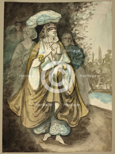 One of the Ladies of the Harem (recto); Fragment of a Landscape (verso), 1854/56. Creator: Constantin Guys.