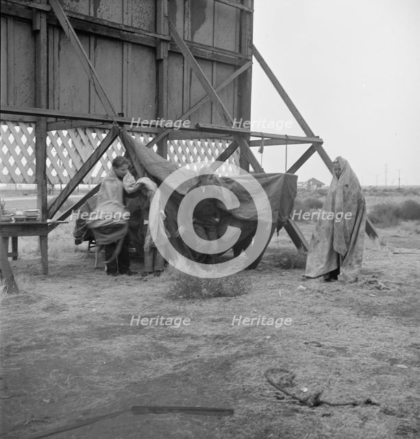One of three families camped behind a billboard on U.S. 99, Kern County, California, 1938. Creator: Dorothea Lange.