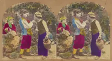 One boy feeding another, little girl looking on, about 1860. Creator: New York Stereoscopic Company