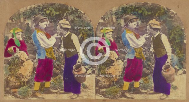 One boy feeding another, little girl looking on, about 1860. Creator: New York Stereoscopic Company.