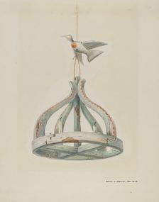 One painted, Wooden Candelabrum, with Dove, c. 1937. Creator: Majel G. Claflin