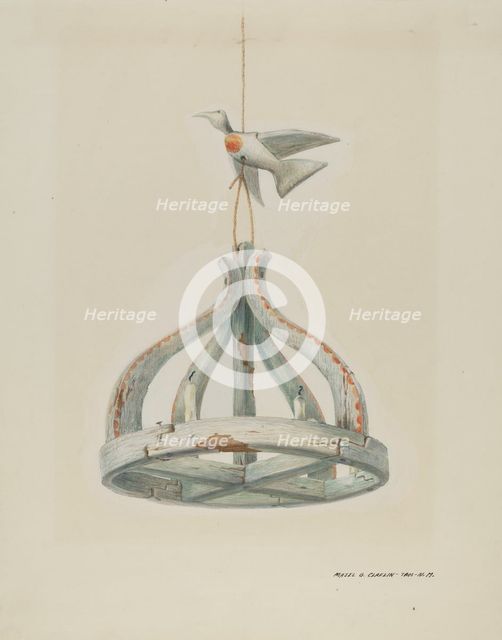 One painted, Wooden Candelabrum, with Dove, c. 1937. Creator: Majel G. Claflin.